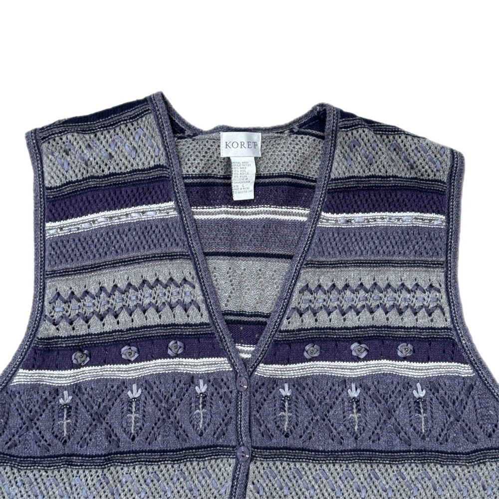 Vintage Koret Knit Sweater Vest Purple Floral Ramie Wool Blend Women's Large - Picture 2 of 7